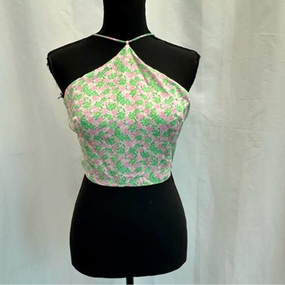 Zara pink green floral flower print halter crop top open back lace up L Summer - Picture 3 of 10